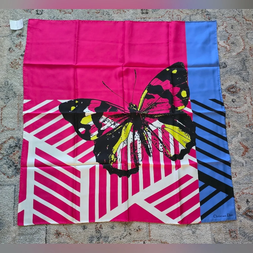 NWT 2022 Christian Dior Silk Large Pink and Blue Butterfly Scarf/Shawl!
